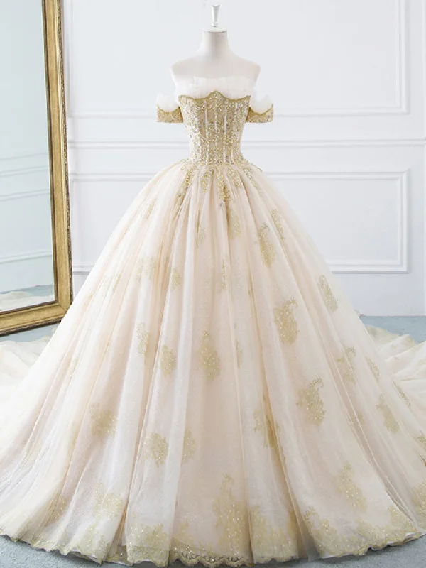 Princesse De Luxe Off The Shoulder Short Sleeve Beaded Sequins Appliques Luxury Princess Ball Gown Wedding Dress prom dress evening dress cg20437 Princesse De Luxe Off The Shoulder Short Sleeve Beaded Sequins Appliques Luxury Princess Ball Gown Wedding Dress prom dress evening dress cg20437