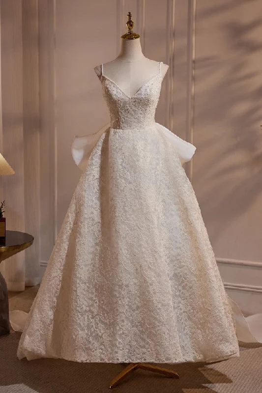 Wedding dress with satin bodice for luxurious texture -Printed Lace Spaghetti Straps V-neck Bow Tie Beading Formal Wedding Dress Wedding dress with satin bodice for luxurious texture -Printed Lace Spaghetti Straps V-neck Bow Tie Beading Formal Wedding Dress