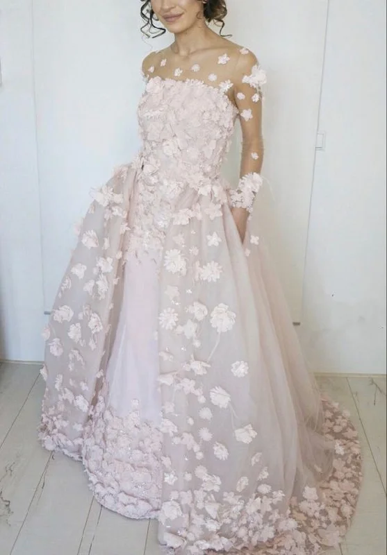 prom dresses Elegant light pink tulle ball gown long sleeves wedding dress with 3d flowers cg20756 prom dresses Elegant light pink tulle ball gown long sleeves wedding dress with 3d flowers cg20756