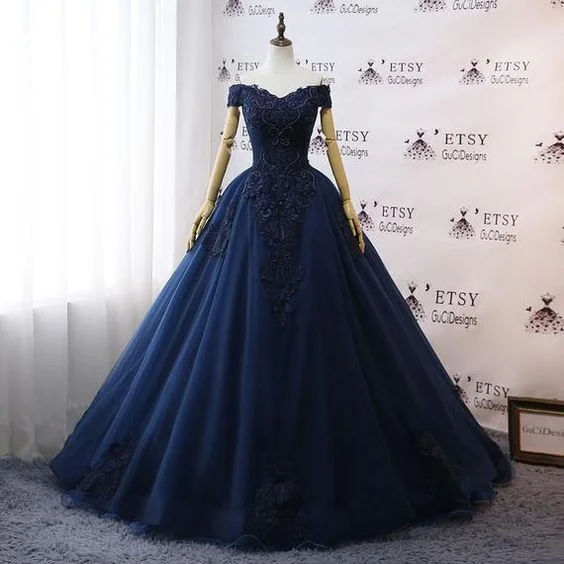 Prom Dresses Navy Blue Wedding Dresses Floral Lace Ball Gown off shoulder Evening Dress cg18735 Prom Dresses Navy Blue Wedding Dresses Floral Lace Ball Gown off shoulder Evening Dress cg18735