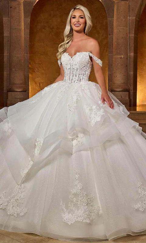 Bridal gown with satin bodice for smooth finish -Rachel Allan RB6142 - Off-Shoulder Embroidered Ballgown Bridal gown with satin bodice for smooth finish -Rachel Allan RB6142 - Off-Shoulder Embroidered Ballgown