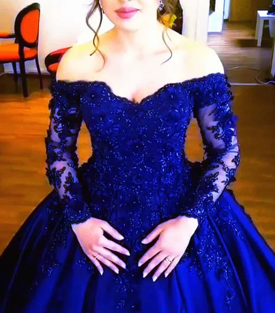 Royal Blue Lace Long Sleeves V-neck Off The Shoulder Satin Wedding Dresses Ball Gowns prom dress cg5045 Royal Blue Lace Long Sleeves V-neck Off The Shoulder Satin Wedding Dresses Ball Gowns prom dress cg5045