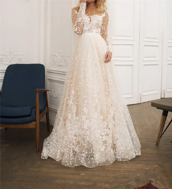 Cinessd Back to school outfit Scoop Scatted Lace Long Sleeves Champagne Wedding Dress Open Back Tulle Applique Fashion Bridal Dress Robe De Mariee Custom Made Cinessd Back to school outfit Scoop Scatted Lace Long Sleeves Champagne Wedding Dress Open Back Tulle Applique Fashion Bridal Dress Robe De Mariee Custom Made