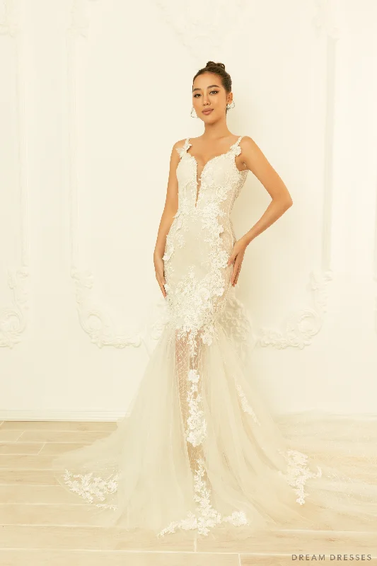 Vintage wedding dress with criss-cross back design -Semi-sheer Mermaid Gown with 3D Floral Lace (#KALILA) Vintage wedding dress with criss-cross back design -Semi-sheer Mermaid Gown with 3D Floral Lace (#KALILA)
