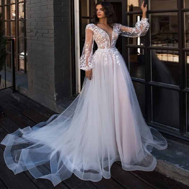 Cinessd Back to school Sexy Puff Sleeves V-Neck Wedding Dresses Cheap Tulle A-Line Bride Gowns Vestidos De Novia Princess Party Dresses 2022 Cinessd Back to school Sexy Puff Sleeves V-Neck Wedding Dresses Cheap Tulle A-Line Bride Gowns Vestidos De Novia Princess Party Dresses 2022