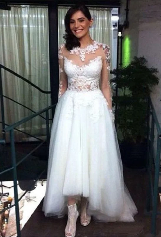 Sheer Lace Appliqués High-Low Tulle Wedding Dress Prom Dresses, Long Evening Dress cg10720 Sheer Lace Appliqués High-Low Tulle Wedding Dress Prom Dresses, Long Evening Dress cg10720