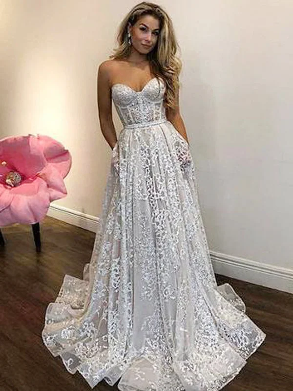 Vintage wedding dress with full skirt for retro style -Shiny Lace Strapless A-line Charming Wedding Dresses, AB1517 Vintage wedding dress with full skirt for retro style -Shiny Lace Strapless A-line Charming Wedding Dresses, AB1517