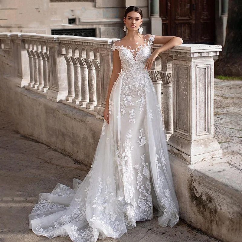 Cinessd Back to school outfit Short Sleeves Wedding Dresses 2021 Mermaid Froal Lace Appliques Detachable Train Bridal Gowns Elegant Backless Customize Made Cinessd Back to school outfit Short Sleeves Wedding Dresses 2021 Mermaid Froal Lace Appliques Detachable Train Bridal Gowns Elegant Backless Customize Made