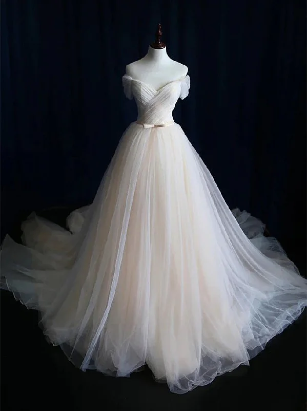 Simple Ball Gown Lace-up Ivory Tulle Off-the-shoulder Wedding Party Dress, Ivory Formal Dress Simple Ball Gown Lace-up Ivory Tulle Off-the-shoulder Wedding Party Dress, Ivory Formal Dress