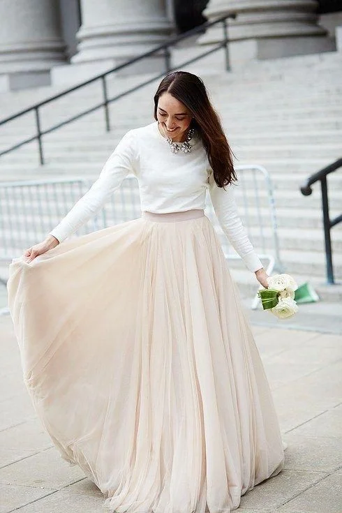 Simple Unique Long Sleeves Two Piece Wedding Dress with Nude Tulle Skirt prom dress cg14163 Simple Unique Long Sleeves Two Piece Wedding Dress with Nude Tulle Skirt prom dress cg14163