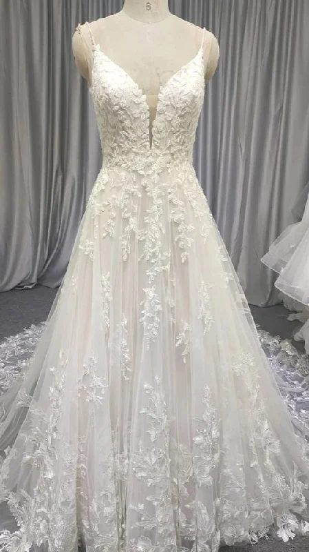 Spaghetti Long Lace Prom Dresses, Romantic Wedding Dresses A-line Wedding Dresses C2424 Spaghetti Long Lace Prom Dresses, Romantic Wedding Dresses A-line Wedding Dresses C2424