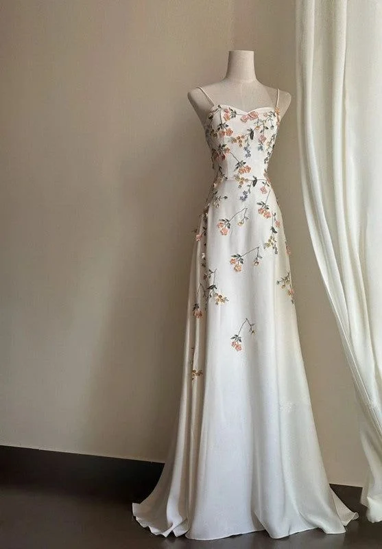 Spaghetti Straps White Satin Long Prom Dress,Elegant Evening Dress Wedding Dress With Appliques cc1543 Spaghetti Straps White Satin Long Prom Dress,Elegant Evening Dress Wedding Dress With Appliques cc1543