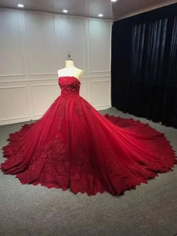 Strapless dark red ball gown lace appliques pearls crystals sequins beaded wedding dresses prom dress cg16159 Strapless dark red ball gown lace appliques pearls crystals sequins beaded wedding dresses prom dress cg16159