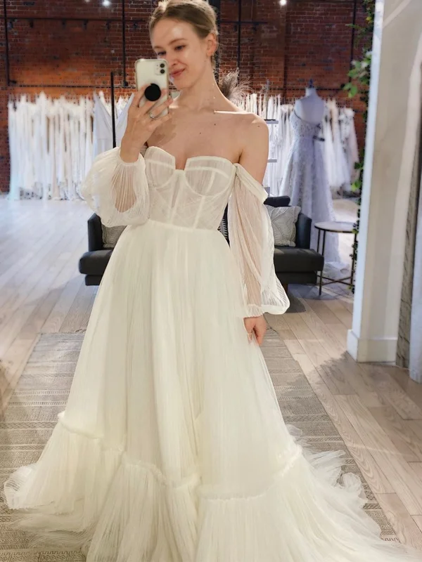 A-line wedding dress for flattering shape -Strapless Off-shoulder Sleeve A-line Tulle Long Wedding Dress, WD3028 A-line wedding dress for flattering shape -Strapless Off-shoulder Sleeve A-line Tulle Long Wedding Dress, WD3028