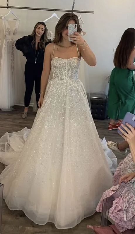 Glitter Beach Wedding Dresses Spaghetti Straps A-Line Bridal Gowns Open Back Long Simple Prom Dress c2568 Glitter Beach Wedding Dresses Spaghetti Straps A-Line Bridal Gowns Open Back Long Simple Prom Dress c2568
