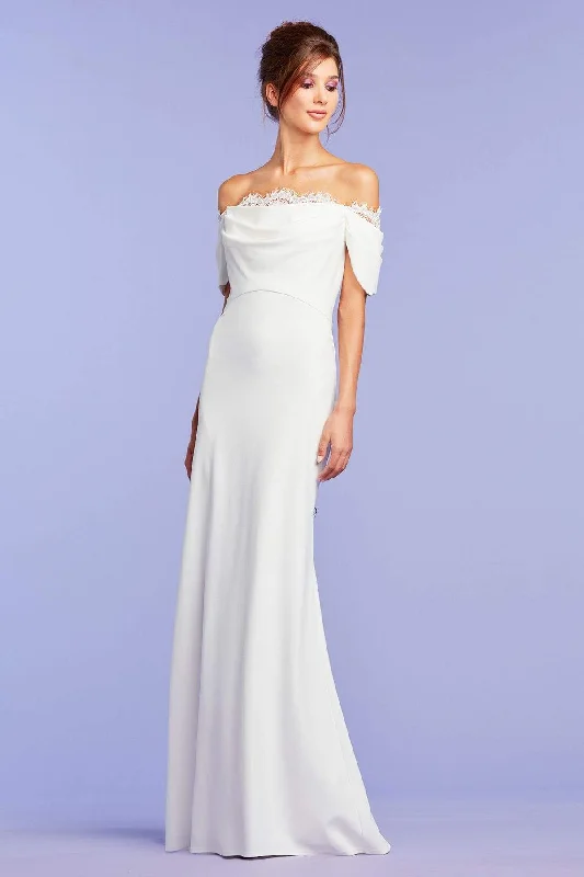 Simple wedding dress with delicate lace sleeves -Tadashi Shoji BOS20408LBR - Off Shoulder Sleeves Bridal Gown Simple wedding dress with delicate lace sleeves -Tadashi Shoji BOS20408LBR - Off Shoulder Sleeves Bridal Gown