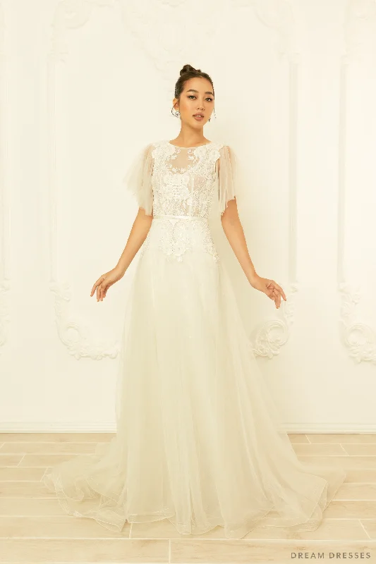 Romantic wedding dress with sheer lace panels -Tulle A-line Wedding Dress with Floral Lace (#NORAH) Romantic wedding dress with sheer lace panels -Tulle A-line Wedding Dress with Floral Lace (#NORAH)