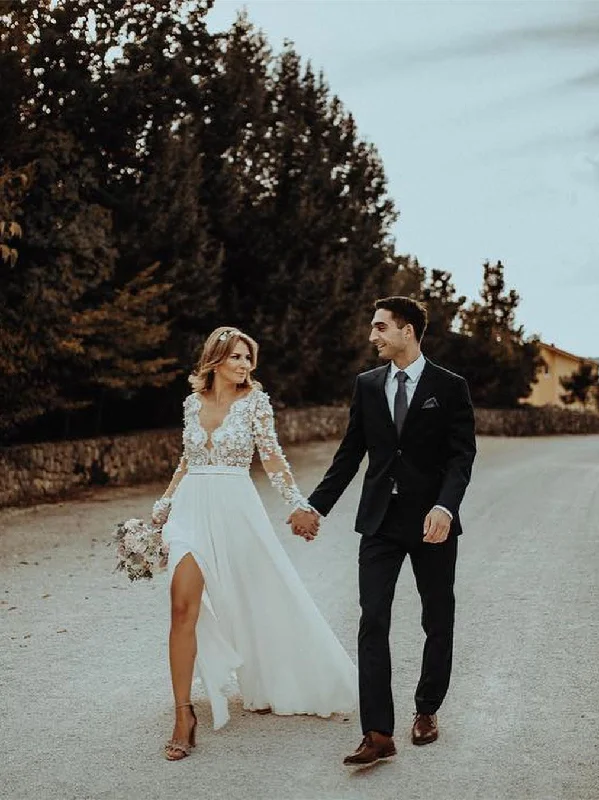 Unique  Chiffon V-neck A-line Wedding Dresses Long sleeves Gowns WD212