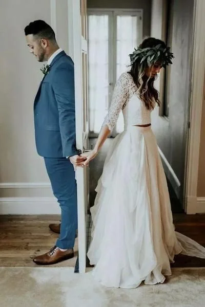 V-neck Two Piece Floor-length Sweep Brush Train 3-4 Length Sleeve Lace Wedding Dress with Illusion Back cg5295 V-neck Two Piece Floor-length Sweep Brush Train 3-4 Length Sleeve Lace Wedding Dress with Illusion Back cg5295