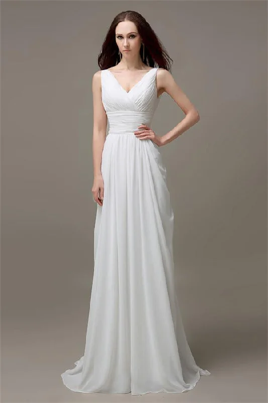 Affordable wedding dresses with simple elegance -V-neck White Open Back Chiffon Long Simple Plus Size Beach Wedding Dress W29 Affordable wedding dresses with simple elegance -V-neck White Open Back Chiffon Long Simple Plus Size Beach Wedding Dress W29