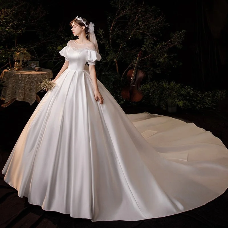 Vestido De Noiva 2021 New Classic Satin 1m Chapel Train Ball Gown Sweet Puff Sleeve Princess Luxury Wedding Dress Plus Size Vestido De Noiva 2021 New Classic Satin 1m Chapel Train Ball Gown Sweet Puff Sleeve Princess Luxury Wedding Dress Plus Size