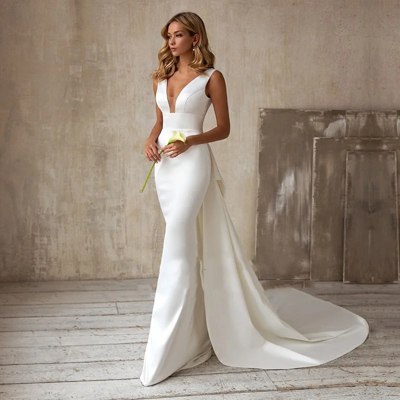 Prom Dresses Cinessd Sunny Mermaid Wedding Dresses 2022 with Detachable Train Bow White Ivory Boho Wedding Bridal Gown V-Neck abito da sposa Prom Dresses Cinessd Sunny Mermaid Wedding Dresses 2022 with Detachable Train Bow White Ivory Boho Wedding Bridal Gown V-Neck abito da sposa
