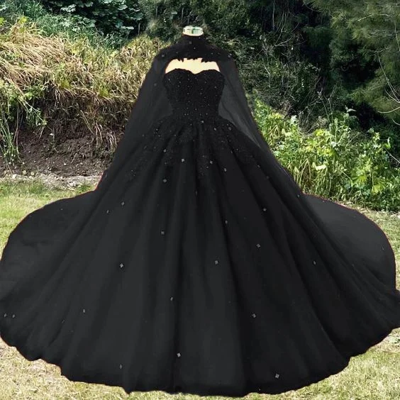 Vintage black wedding dress ball gown for gothic weddings with cape prom dress, evening dress cg21102 Vintage black wedding dress ball gown for gothic weddings with cape prom dress, evening dress cg21102