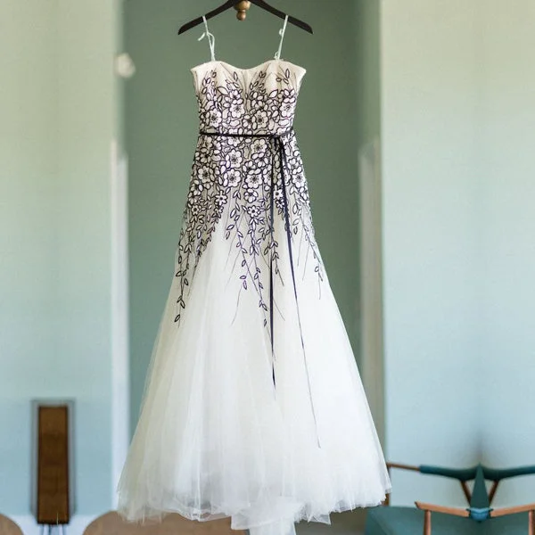 Wedding dress with off-the-shoulder ruffle details -Unique Black Floral Lace Ivory Tulle Strapless A-line Wedding Dresses, WD0192 Wedding dress with off-the-shoulder ruffle details -Unique Black Floral Lace Ivory Tulle Strapless A-line Wedding Dresses, WD0192
