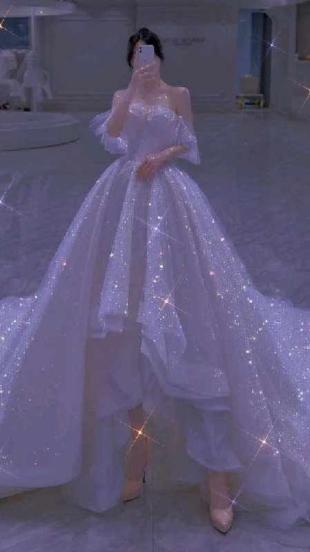 White Glitter Hi-low Prom Dress Off The Shoulder Wedding Dress With Long Train c3397 White Glitter Hi-low Prom Dress Off The Shoulder Wedding Dress With Long Train c3397