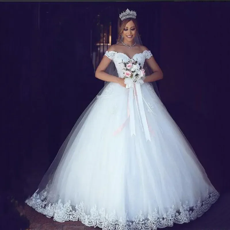 White Ivory Lace Appliques Ball Gown Off The Shoulder Short Sleeves Bridal Dress Wedding Dresses White Ivory Lace Appliques Ball Gown Off The Shoulder Short Sleeves Bridal Dress Wedding Dresses