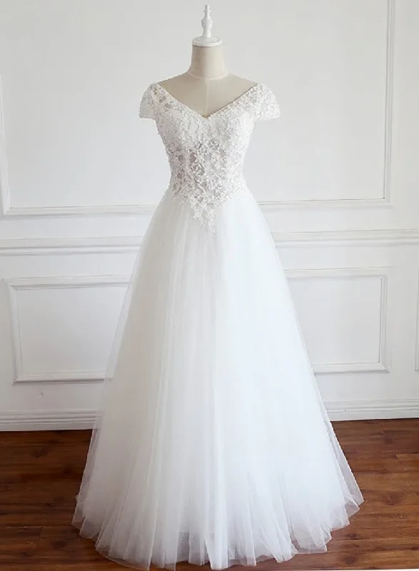White Lace Cap Sleeves Tulle Floor Length Party Dress, A-line White Wedding Dresses White Lace Cap Sleeves Tulle Floor Length Party Dress, A-line White Wedding Dresses