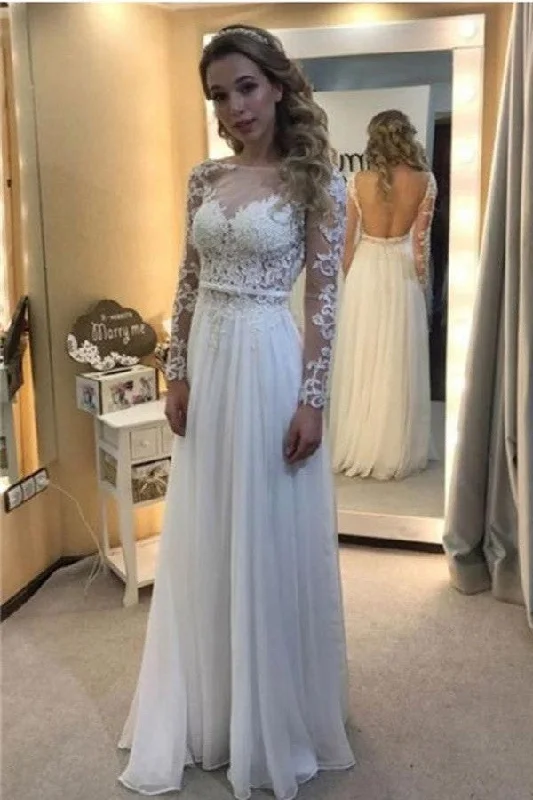 Lace wedding dress with vintage vibes for timeless feel -White Lace Chiffon Backless A-line Long Prom Dress With Sleeves W35 Lace wedding dress with vintage vibes for timeless feel -White Lace Chiffon Backless A-line Long Prom Dress With Sleeves W35