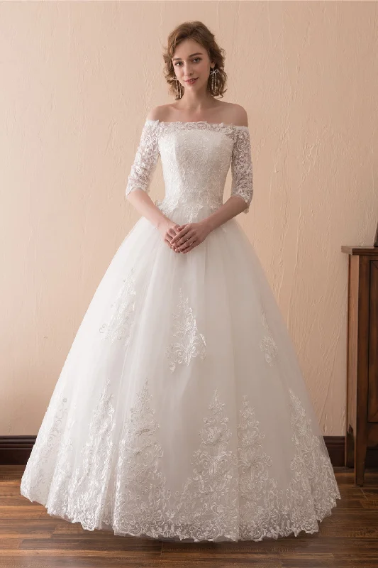 White Lace Long Sleeves Off Shoulder Strapless A Line Floor Length Wedding Dresses White Lace Long Sleeves Off Shoulder Strapless A Line Floor Length Wedding Dresses