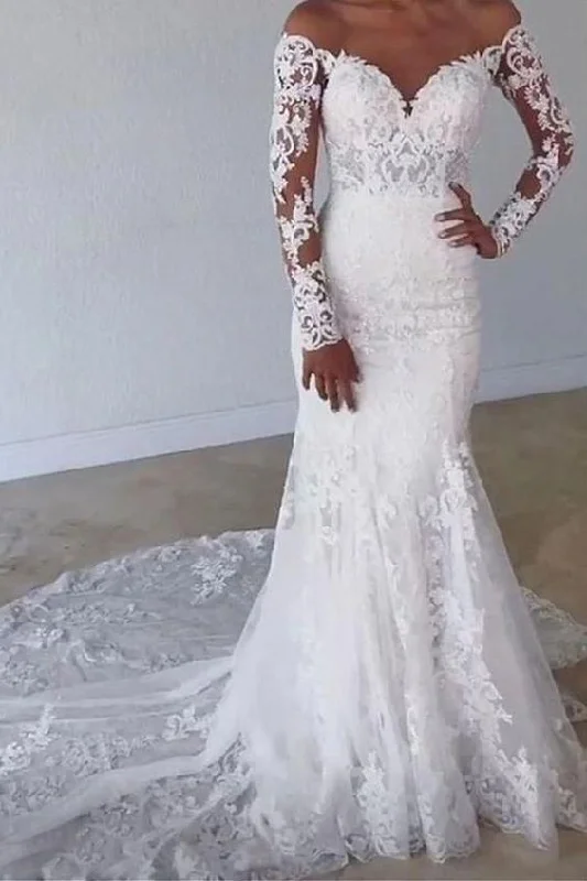 White Off the shoulder Appliques Lace Long Sleeves Wedding Dress with Train Prom Dress cg16581 White Off the shoulder Appliques Lace Long Sleeves Wedding Dress with Train Prom Dress cg16581