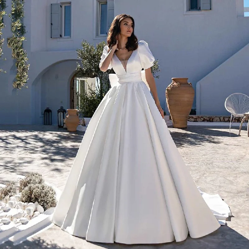 Cinessd Back to school outfit White Satin Wedding Dresses With Pockets 2022 Short Sleeves Backless Bridal Dress Dubai For Women Robe De Mariee Customize Cinessd Back to school outfit White Satin Wedding Dresses With Pockets 2022 Short Sleeves Backless Bridal Dress Dubai For Women Robe De Mariee Customize