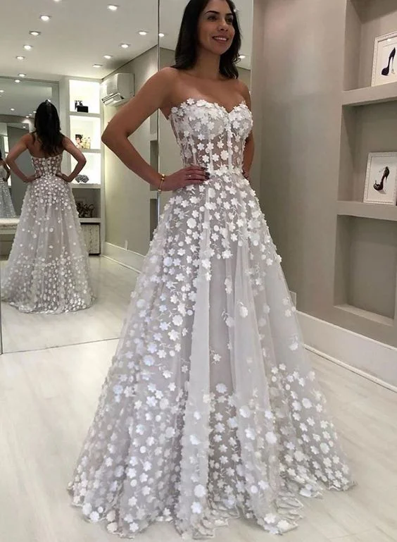 White sweetheart neck flower tulle long prom dress,princess evening dress,beautiful wedding dress cg17696 White sweetheart neck flower tulle long prom dress,princess evening dress,beautiful wedding dress cg17696