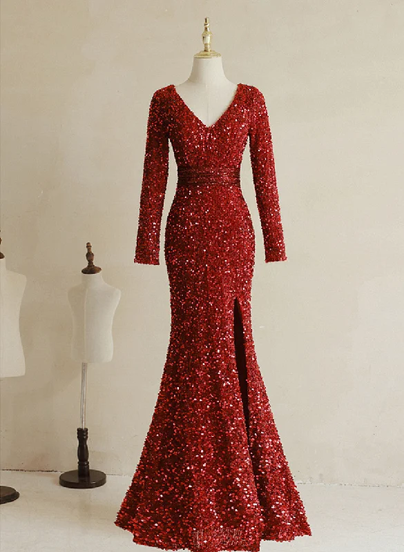 Wine Red Sequins Mermaid Long Sleeves Party Dress, Wine Red Long Wedding Party Dress Wine Red Sequins Mermaid Long Sleeves Party Dress, Wine Red Long Wedding Party Dress