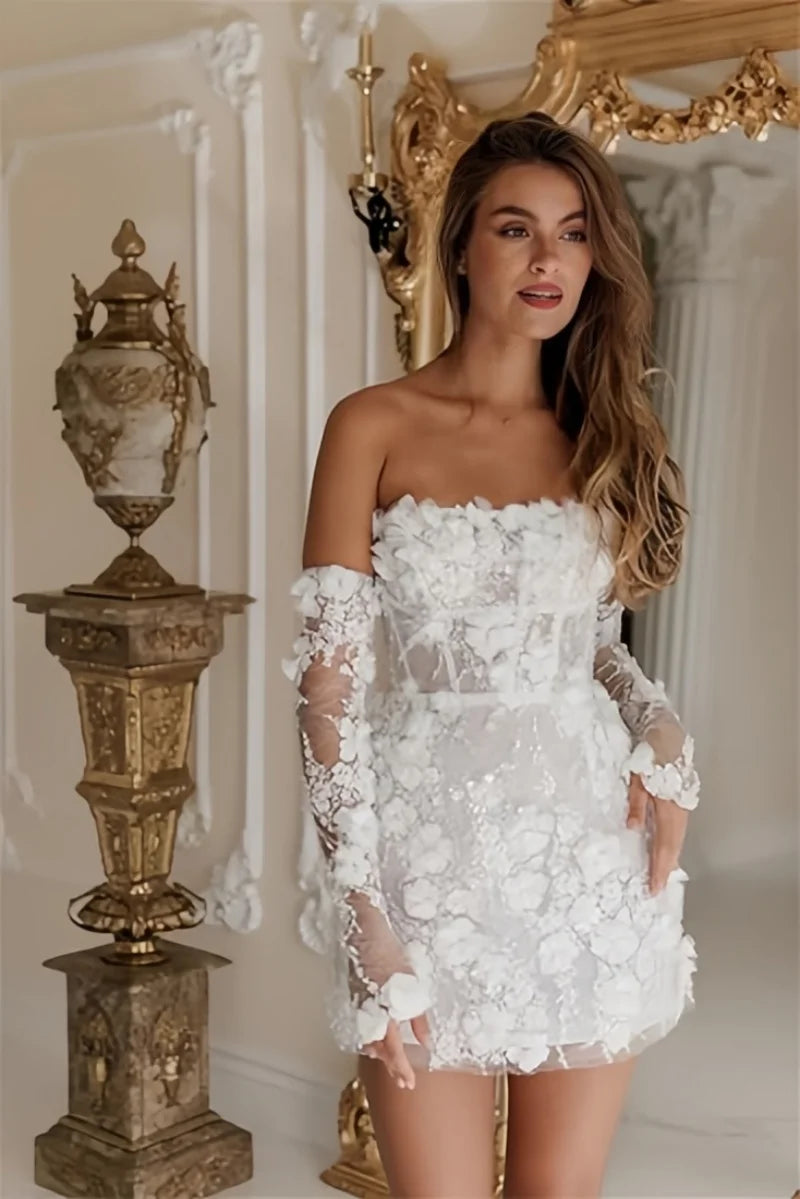 Cinessd Women's Short Wedding Dresses Lace Floral Appliques Bridal Gown Strapless with Detachable Long Sleeves Flowers Prom Dress Cinessd Women's Short Wedding Dresses Lace Floral Appliques Bridal Gown Strapless with Detachable Long Sleeves Flowers Prom Dress